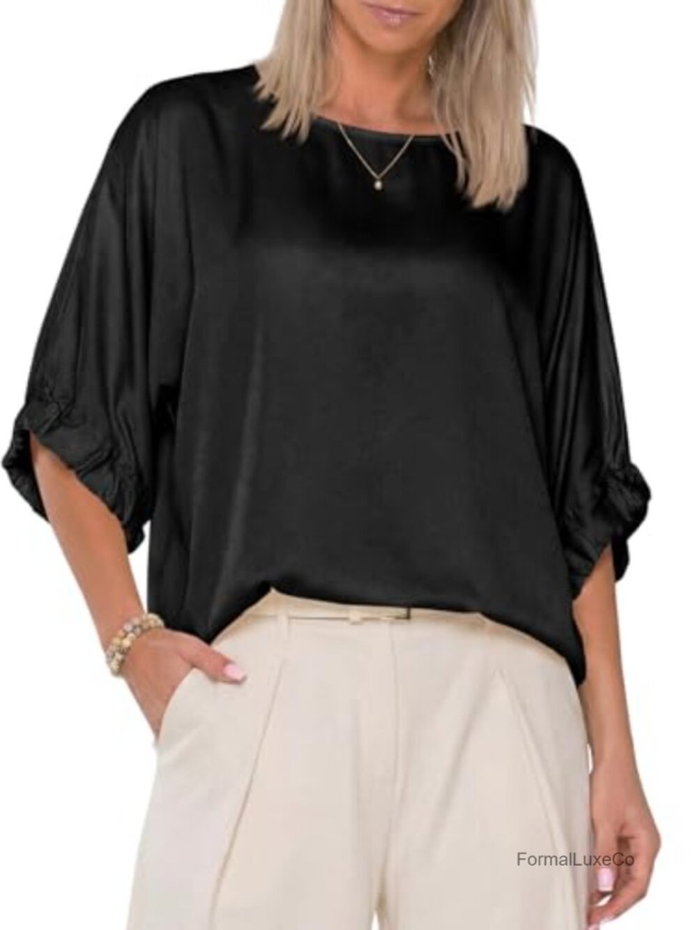 Silk Satin Batwing Half Sleeve Boat Neck Blouse Loose Fit Business Casual Tunic